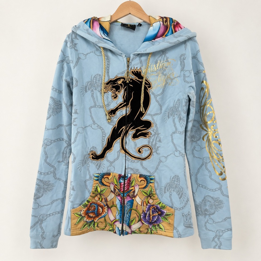 Christian Audigier Full Zip Hoodie Size Small Light Blue Panther Crown Y2K